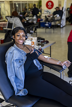 September 24, 2023. Montgomery, Alabama. Alabama State University student Katelyn Williams makes her second blood donation to help her school win the Magic City Classic Blood Drive against Alabama A&M University.